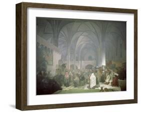 Master Jan Hus (1369-1415) Preaching in the Bethlehem Chapel, from the 'Slav Epic', 1916-Alphonse Mucha-Framed Giclee Print