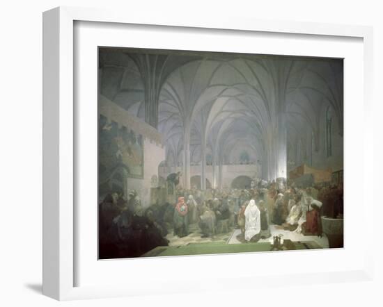 Master Jan Hus (1369-1415) Preaching in the Bethlehem Chapel, from the 'Slav Epic', 1916-Alphonse Mucha-Framed Giclee Print