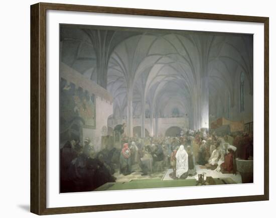 Master Jan Hus (1369-1415) Preaching in the Bethlehem Chapel, from the 'Slav Epic', 1916-Alphonse Mucha-Framed Giclee Print