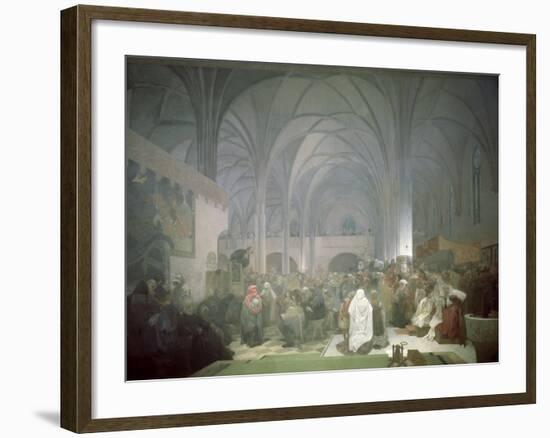 Master Jan Hus (1369-1415) Preaching in the Bethlehem Chapel, from the 'Slav Epic', 1916-Alphonse Mucha-Framed Giclee Print