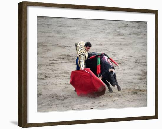 Matador and a Bull in a Bullring, Lima, Peru-null-Framed Photographic Print