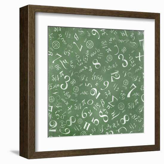 Mathematics Formulas Abstract Background (On Green Chalkboard)-pashabo-Framed Art Print