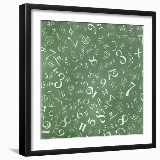 Mathematics Formulas Abstract Background (On Green Chalkboard)-pashabo-Framed Art Print