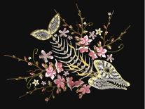 Embroidery Fish Bone and Flowers Gothic Art Background. Embroidery Summer Flowers and Skeleton of F-matrioshka-Laminated Art Print