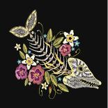 Embroidery Fish Bone and Flowers Gothic Art Background. Embroidery Summer Flowers and Skeleton of F-matrioshka-Art Print