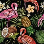 Embroidery Flamingo Palm Tree Leaves Pineapple Coconut Tropical Seamless Pattern. Fashionable Embro-matrioshka-Art Print