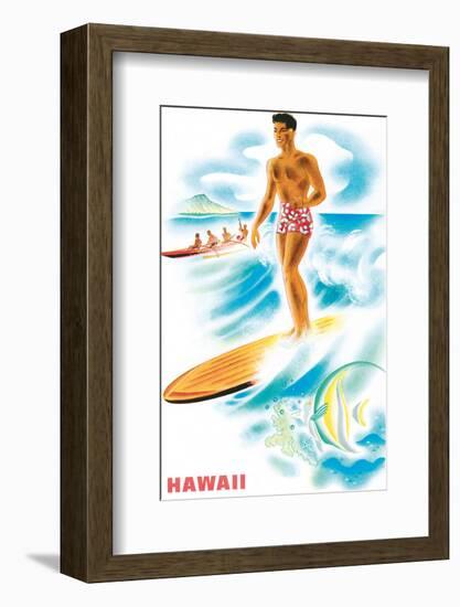 Matson Lines to Hawaii, Surfer and Outrigger, c.1940s-Frank MacIntosh-Framed Art Print