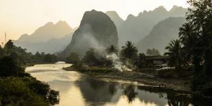 Laos, Vang Vieng. Adult and Baby Buffalo on Road-Matt Freedman-Photographic Print