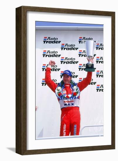 Matt Neal, Nissan driver, celebrates victory, 1999 British touring cars-null-Framed Photographic Print