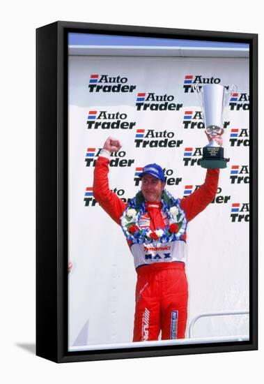 Matt Neal, Nissan driver, celebrates victory, 1999 British touring cars-null-Framed Stretched Canvas