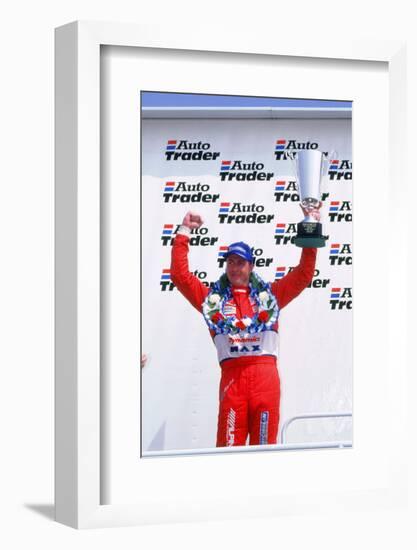 Matt Neal, Nissan driver, celebrates victory, 1999 British touring cars-null-Framed Photographic Print
