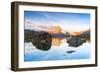 Matterhorn lit by sunrise reflected in the calm water of lake Stellisee, Zermatt, Valais Canton-Roberto Moiola-Framed Photographic Print