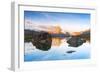 Matterhorn lit by sunrise reflected in the calm water of lake Stellisee, Zermatt, Valais Canton-Roberto Moiola-Framed Photographic Print