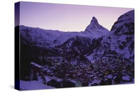 Matterhorn Mountain and Town at Twilight, Zermatt, Switzerland-Gavin Hellier-Stretched Canvas