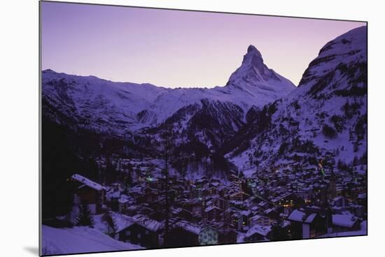 Matterhorn Mountain and Town at Twilight, Zermatt, Switzerland-Gavin Hellier-Mounted Photographic Print