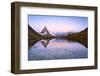 Matterhorn reflected in Riffelsee lake at dawn, Gornergrat, Zermatt, canton of Valais, Switzerland-Roberto Moiola-Framed Photographic Print