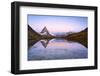 Matterhorn reflected in Riffelsee lake at dawn, Gornergrat, Zermatt, canton of Valais, Switzerland-Roberto Moiola-Framed Photographic Print