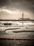 Fawley power station, a boat and a creek meandering through the mudflats all lit by a broken sky, H-Matthew Cattell-Framed Stretched Canvas