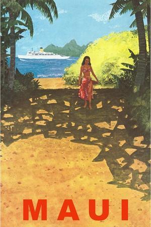 Hawaiian Couple Canoe Aloha Beach Vintage Hawaii Travel Art Poster Print 