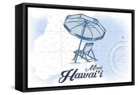 Maui, Hawaii - Beach Chair and Umbrella - Blue - Coastal Icon-Lantern Press-Framed Stretched Canvas
