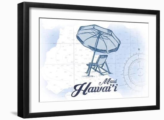 Maui, Hawaii - Beach Chair and Umbrella - Blue - Coastal Icon-Lantern Press-Framed Art Print