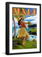 Maui, Hawaii - Hula Girl on Coast-Lantern Press-Framed Art Print