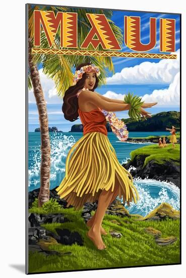 Maui, Hawaii - Hula Girl on Coast-Lantern Press-Mounted Art Print