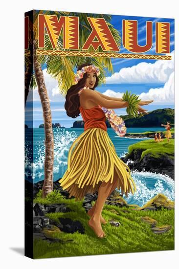 Maui, Hawaii - Hula Girl on Coast-Lantern Press-Stretched Canvas