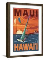 Maui, Hawaii - Windsurfers Scene at Sunset-Lantern Press-Framed Art Print