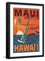 Maui, Hawaii - Windsurfers Scene at Sunset-Lantern Press-Framed Art Print