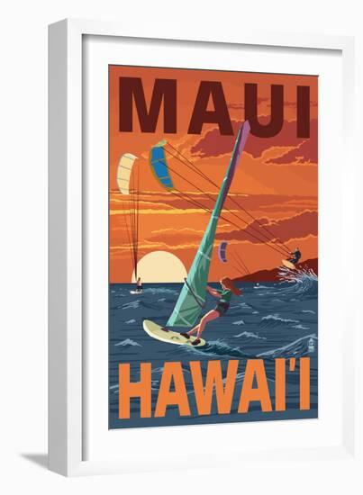 Maui, Hawaii - Windsurfers Scene at Sunset-Lantern Press-Framed Art Print