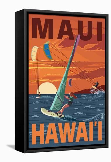 Maui, Hawaii - Windsurfers Scene at Sunset-Lantern Press-Framed Stretched Canvas