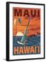 Maui, Hawaii - Windsurfers Scene at Sunset-Lantern Press-Framed Art Print