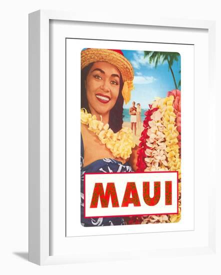 Maui, Hawaiian Lady with Frangipani Leis-null-Framed Art Print