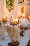 Console table, detail, autumnal decoration, candles, pumpkin, picture frame,-mauritius images-Photographic Print