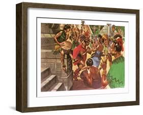 Mayan Natives Dancing and Making Music in Front of a Temple-Peter Jackson-Framed Giclee Print