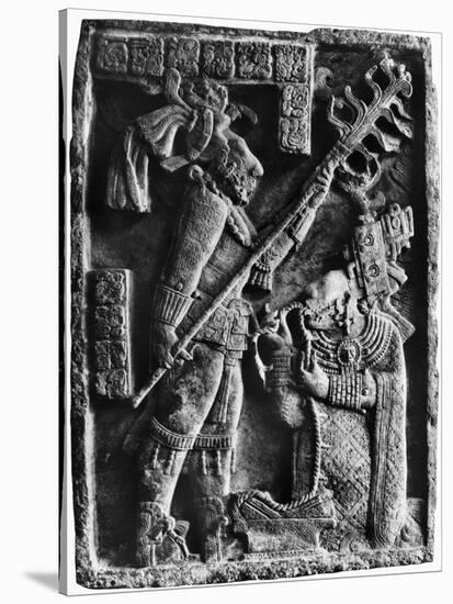 Mayan Stone Relief of Xoc Performing a Blood-Letting Ritual-null-Stretched Canvas