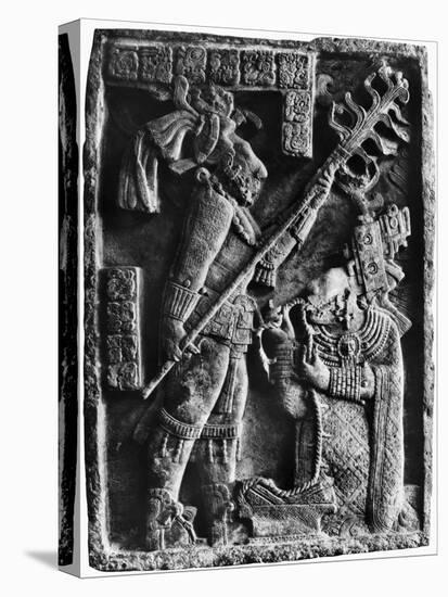 Mayan Stone Relief of Xoc Performing a Blood-Letting Ritual-null-Stretched Canvas
