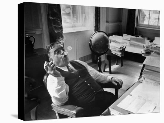 Mayor Fiorello LaGuardia Blowing Smoke Rings Sitting at Desk in His Office-William C^ Shrout-Stretched Canvas