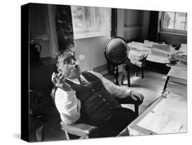 Mayor Fiorello LaGuardia Blowing Smoke Rings Sitting at Desk in His Office-William C^ Shrout-Stretched Canvas