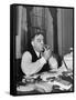 Mayor Fiorello LaGuardia Using Lighter to Light His Cigar While Sitting at His Desk in His Office-William C^ Shrout-Framed Stretched Canvas