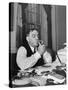 Mayor Fiorello LaGuardia Using Lighter to Light His Cigar While Sitting at His Desk in His Office-William C^ Shrout-Stretched Canvas