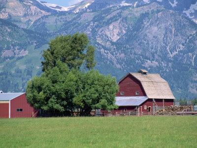 Farm Buildings with Mountain Slopes Behind, Jackson Hole, Wyoming, USA