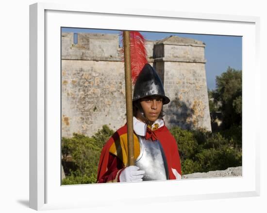 Mdina, Guard in Historic Costume of Templar Knight Stands Outside Medieval Walled City, Malta-John Warburton-lee-Framed Photographic Print