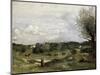 Meadow with Cows, a Willow on the Right and a Distant Village-Jean-Baptiste-Camille Corot-Mounted Giclee Print