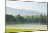 Meadow with Fog, Mountain Range in Background-Tony Sweet-Mounted Photographic Print