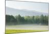 Meadow with Fog, Mountain Range in Background-Tony Sweet-Mounted Photographic Print