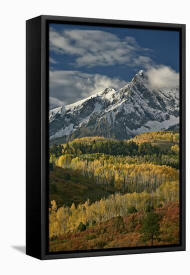 Mears Peak with Snow and Yellow Aspens in the Fall-James Hager-Framed Stretched Canvas