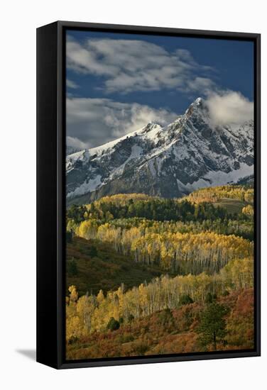 Mears Peak with Snow and Yellow Aspens in the Fall-James Hager-Framed Stretched Canvas