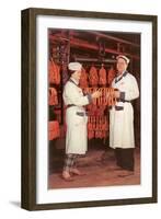 Meatpackers Checking Sausages-null-Framed Art Print